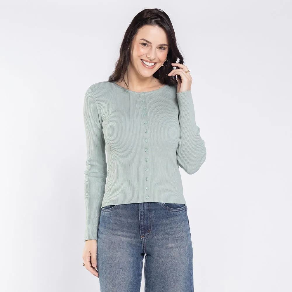 Cardigan Feminino de Tricot Canelado Boby Blues Menta