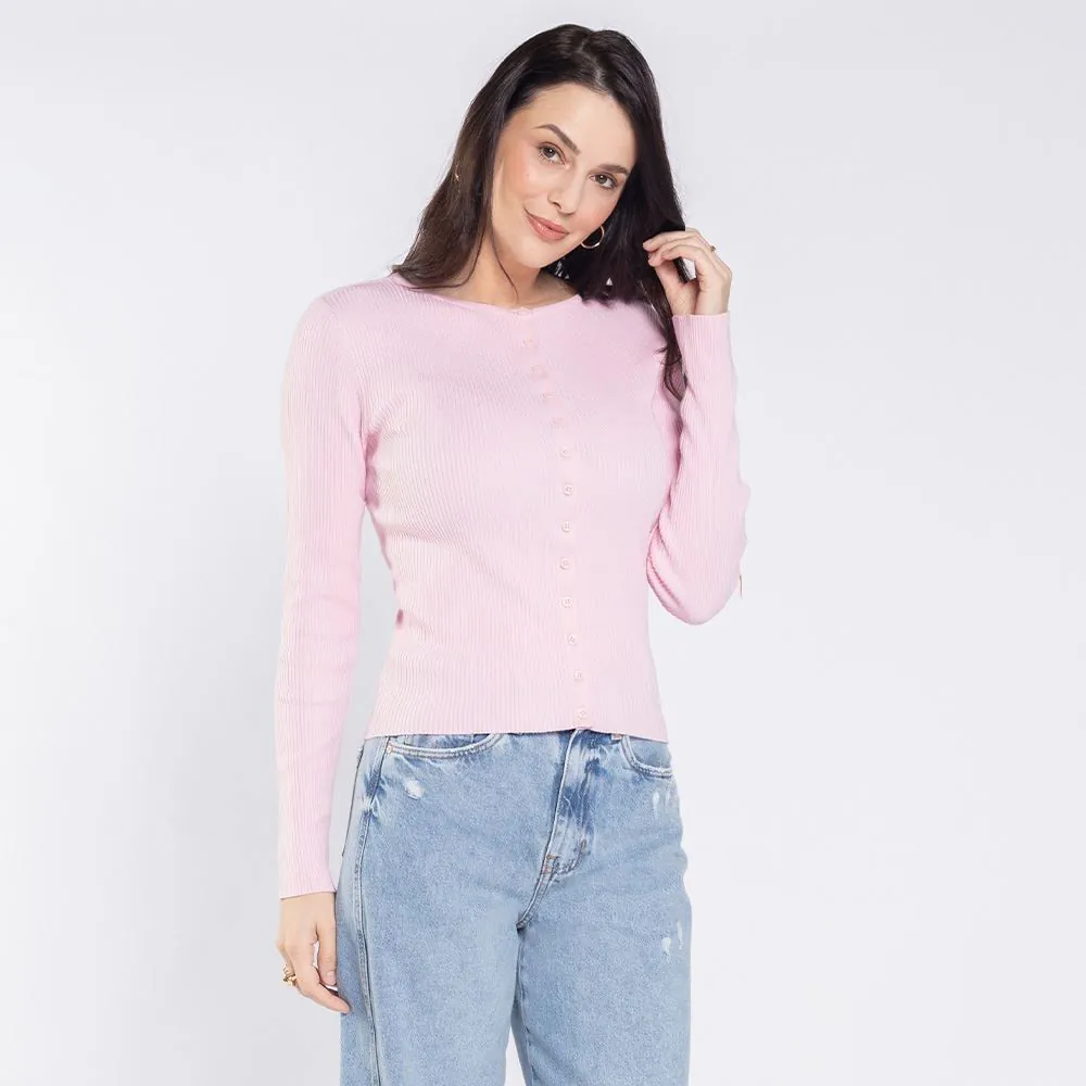 Cardigan Feminino de Tricot Canelado Boby Blues Rosa