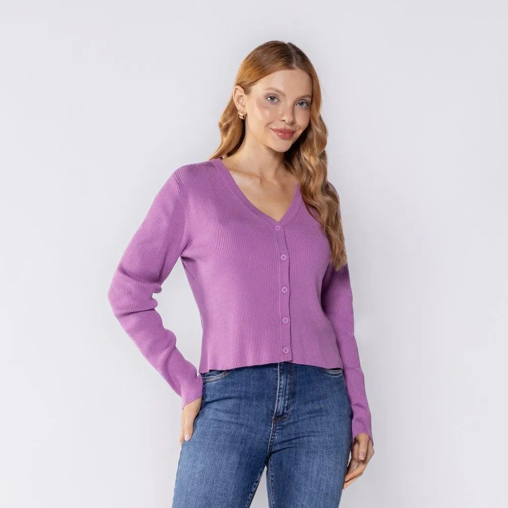 Cardigan Feminino de Tricot Canelado Boby Blues Orquidea