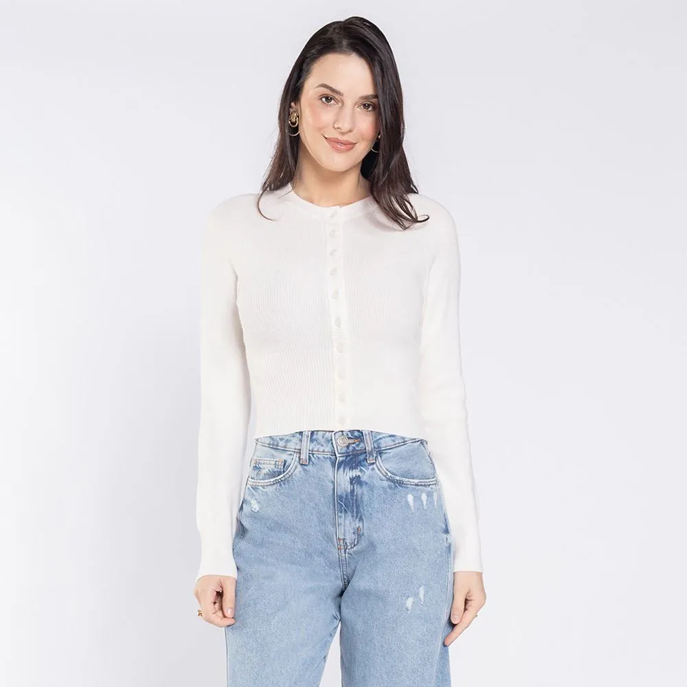 Cardigan Feminino de Tricot com Botões Boby Blues Off White