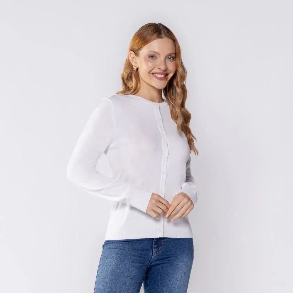 Cardigan Feminino de Tricot Decote Redondo Patricia Foster Off White