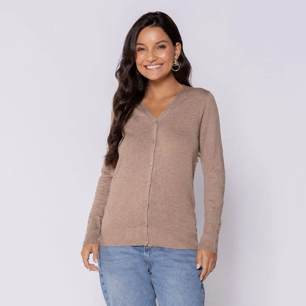 Cardigan Feminino de Tricot Decote V Patricia Foster Bege Melange