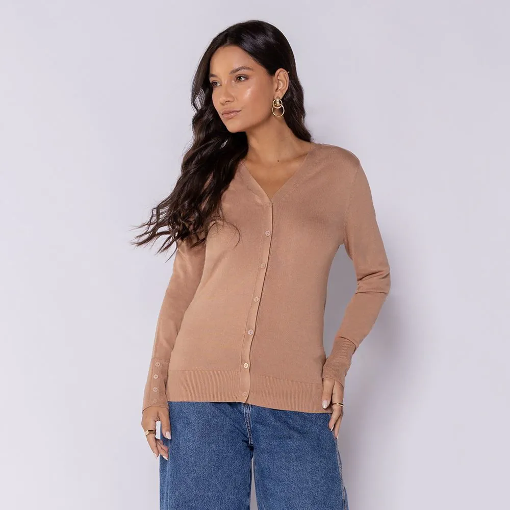 Cardigan Feminino de Tricot Decote V Patricia Foster Caramelo
