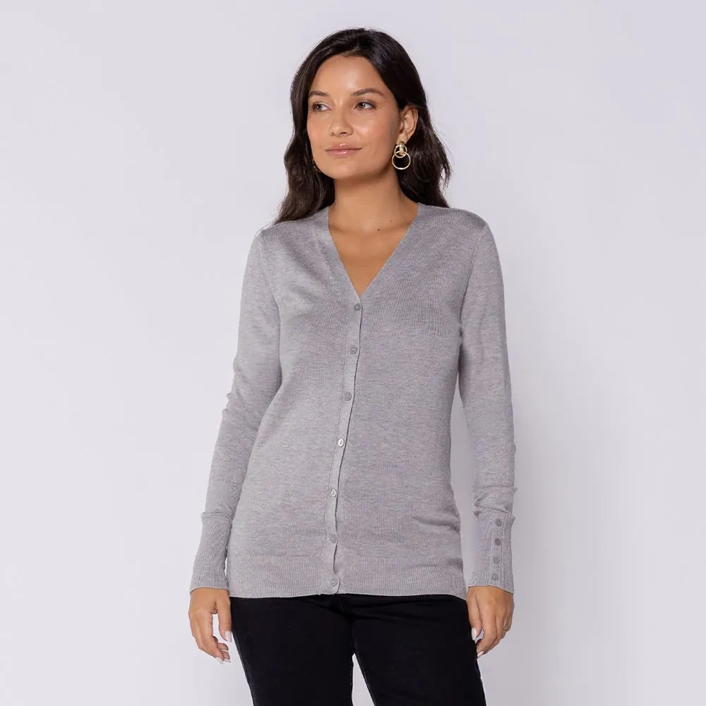 Cardigan Feminino de Tricot Decote V Patricia Foster Cinza Melange