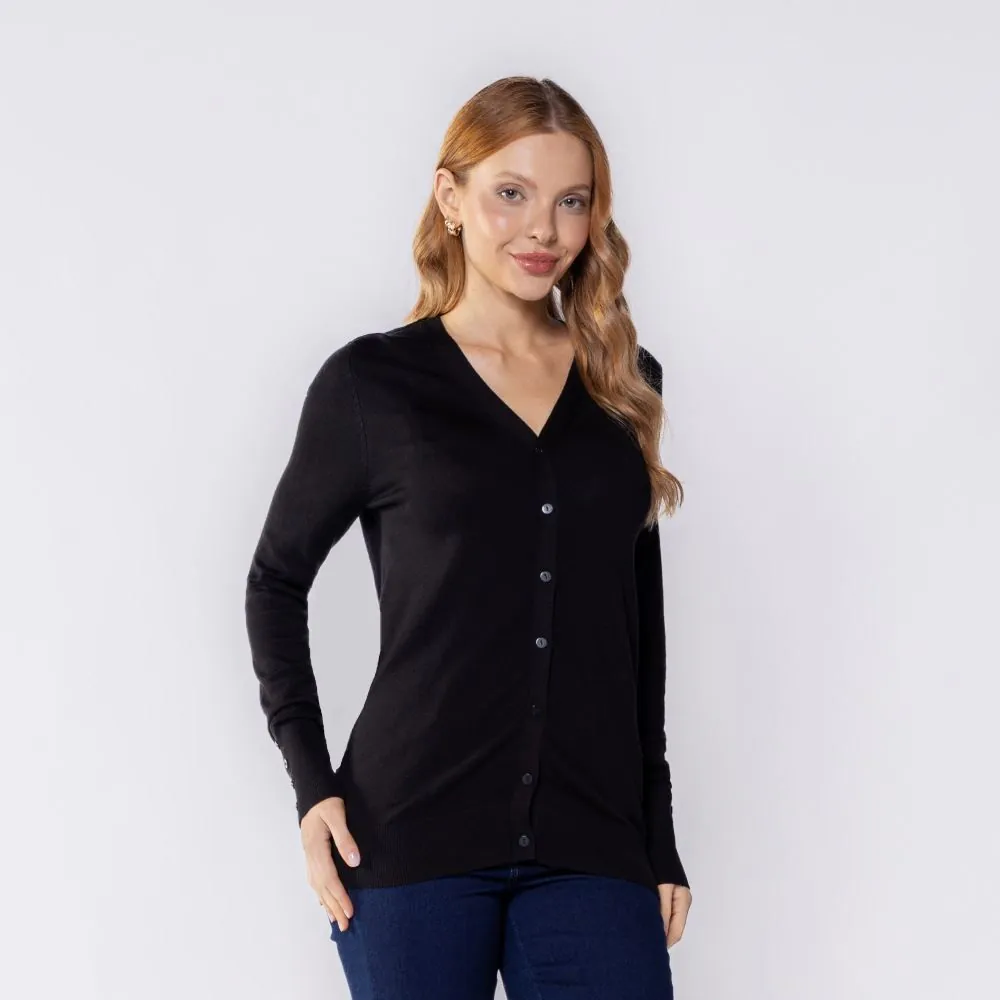 Cardigan Feminino de Tricot Decote V Patricia Foster Preto