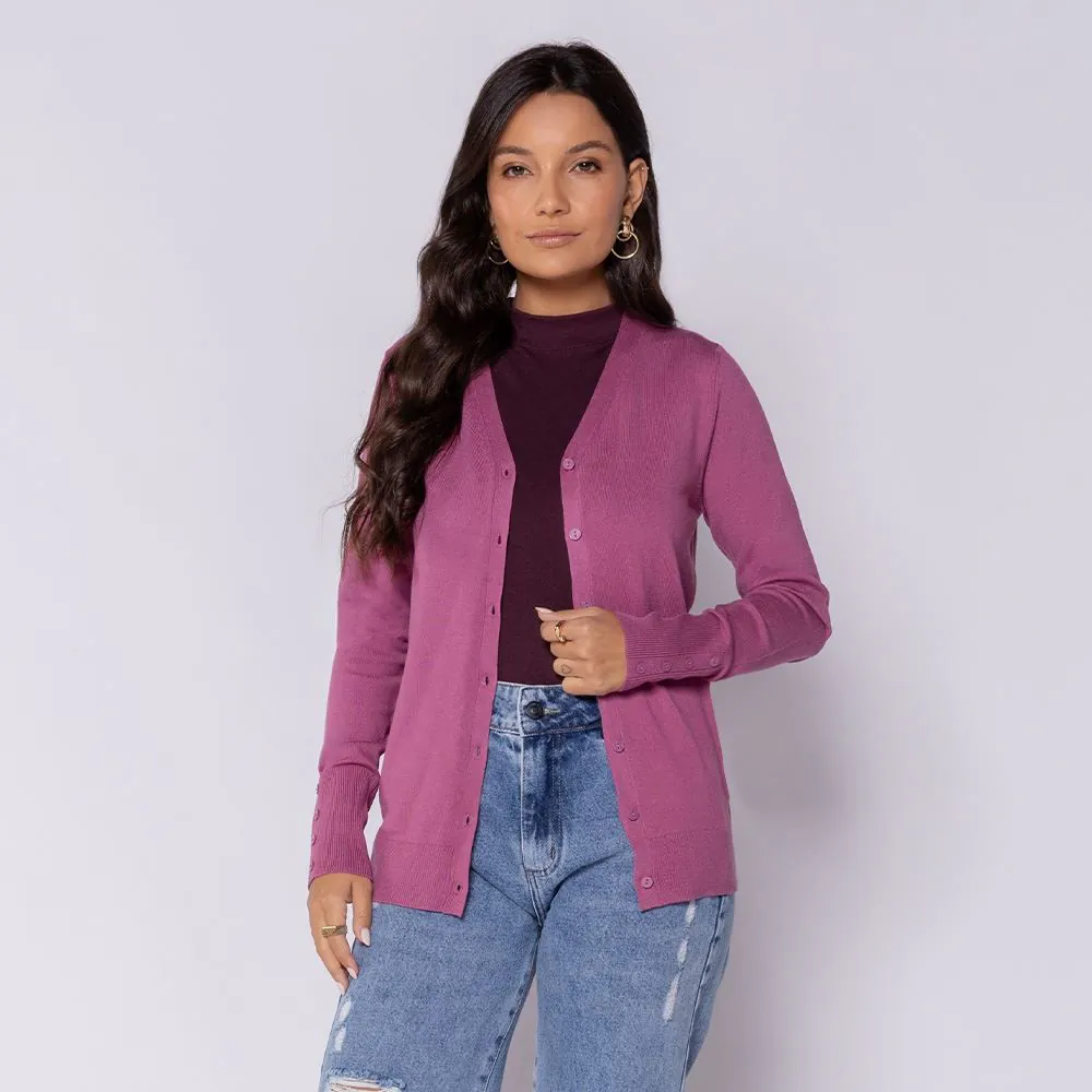 Cardigan Feminino de Tricot Decote V Patricia Foster Rosa Petala