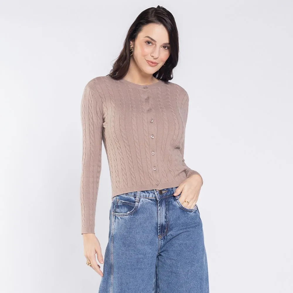 Cardigan Feminino de Tricot Trançado Boby Blues Fendi