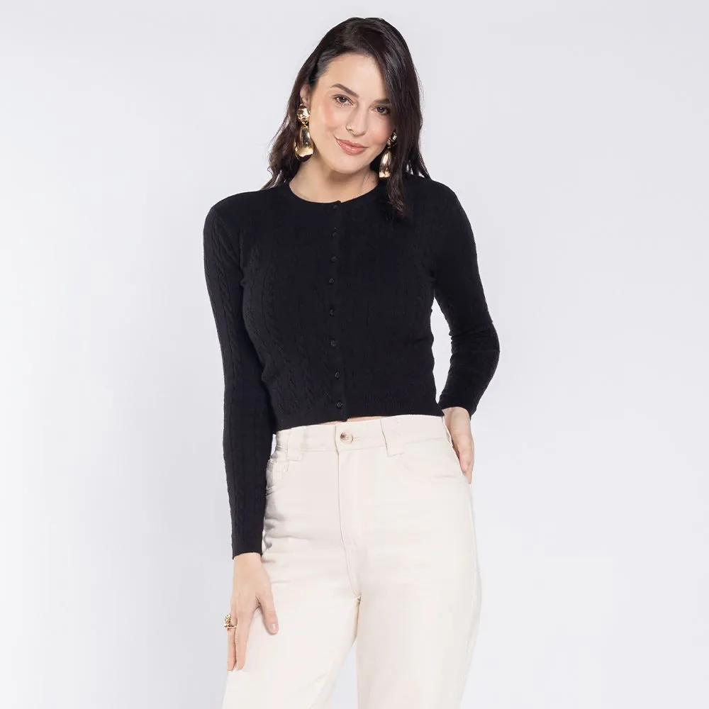 Cardigan Feminino de Tricot Trançado Boby Blues Preto