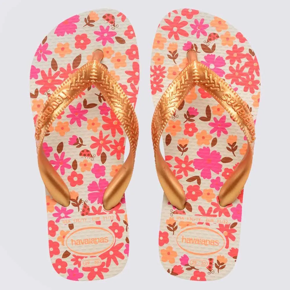 Chinelo Havaianas Infantil Flores Bege/Dourado