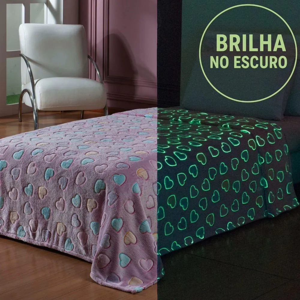 Cobertor Infantil Mágico Encantos Brilha no Escuro Kids - Corações Pink