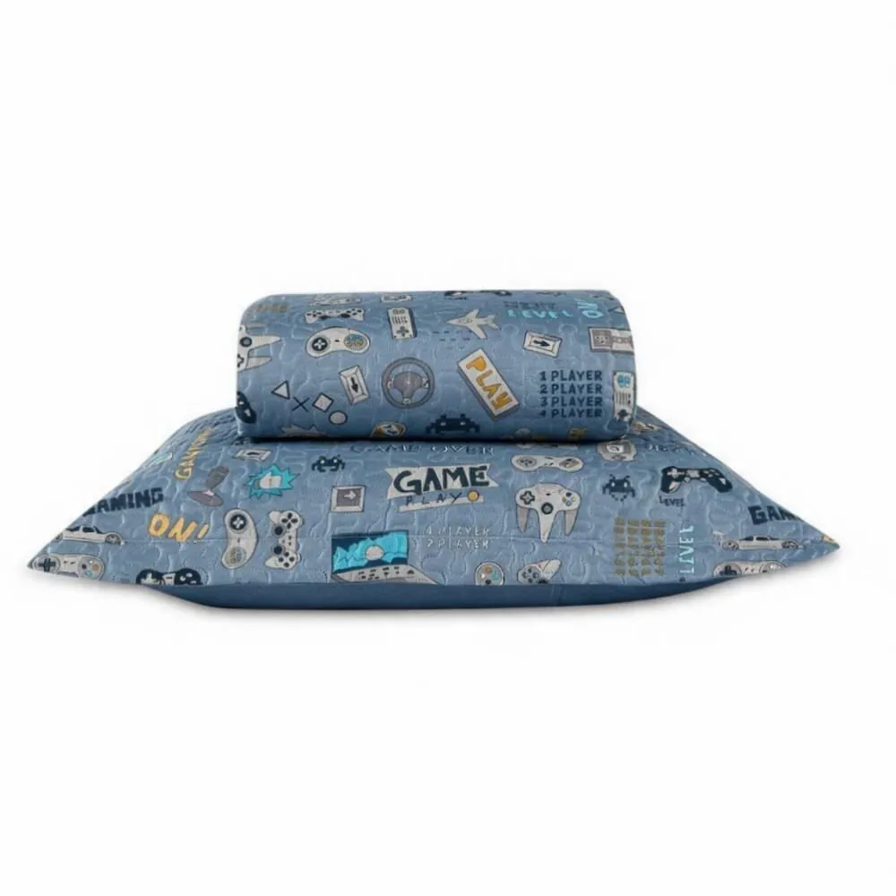 Kit Colcha Solteiro Dupla Face Matelado Kids 2 pçs - Gaming Azul