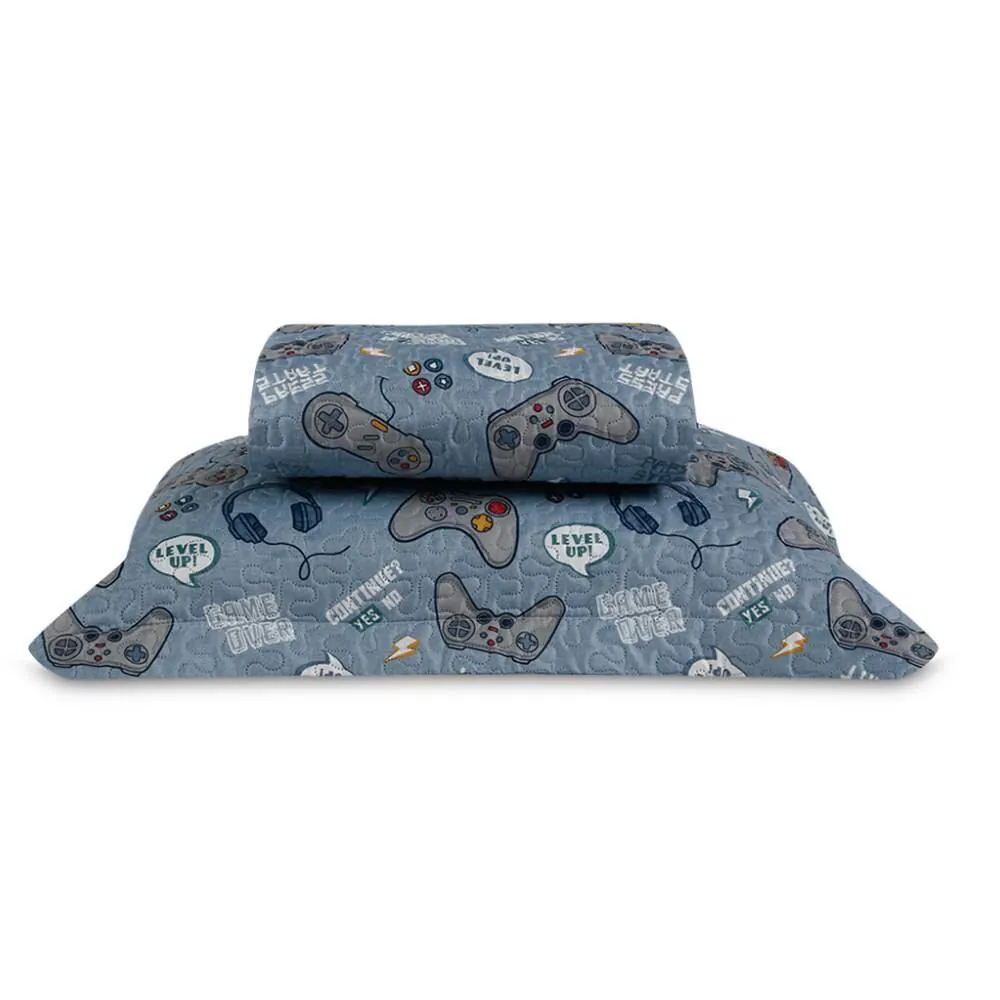 Kit Colcha Solteiro Dupla Face Matelado Kids 2 pçs - New Game Azul