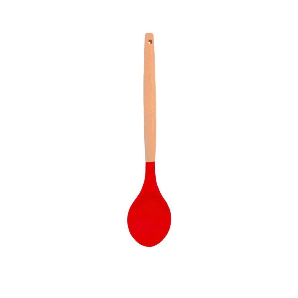 Colher de Silicone Redonda com Cabo de Madeira 31Cm - Vermelho
