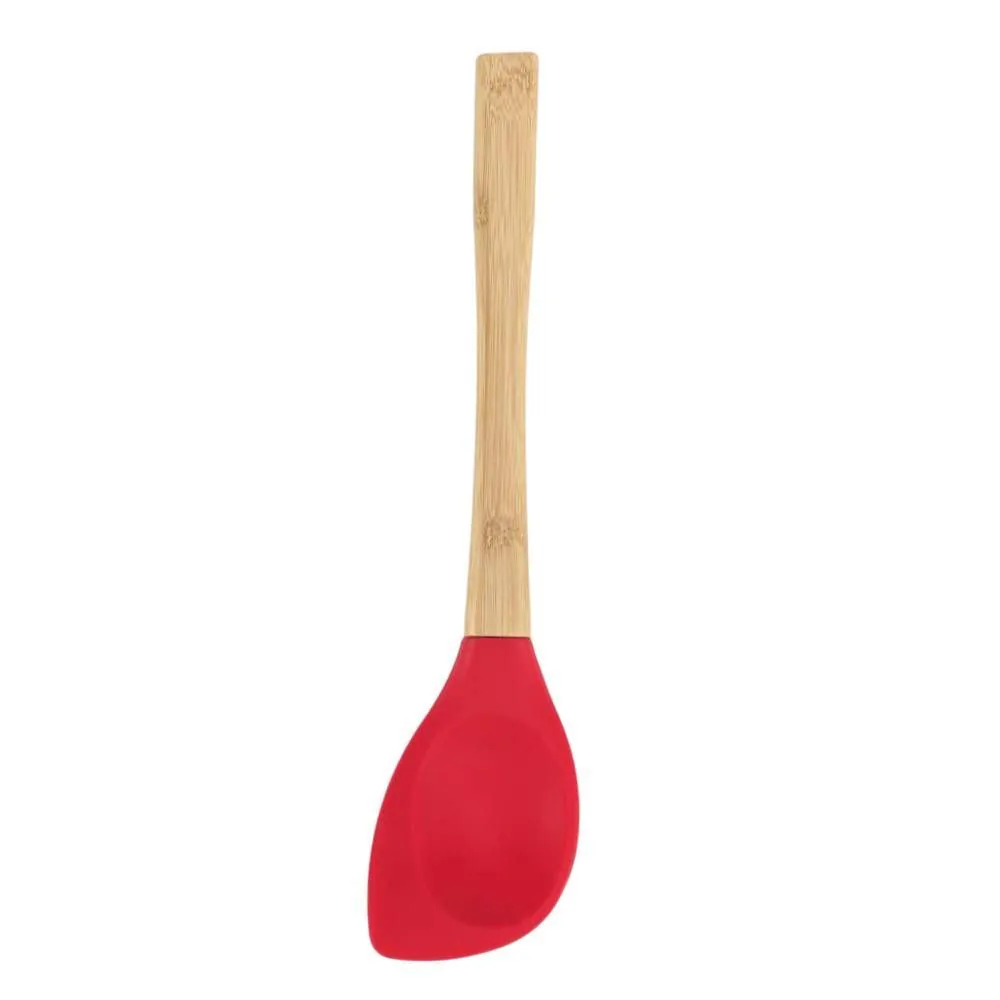 Colher Espátula de Silicone com Cabo de Bambu - Vermelho