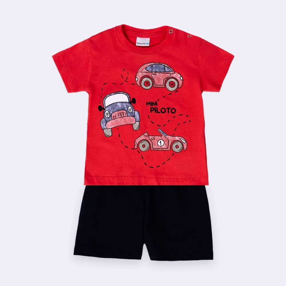 Conjunto Bebê Menino Camiseta e Bermuda Carrinho Fakini Vermelho/Marinho