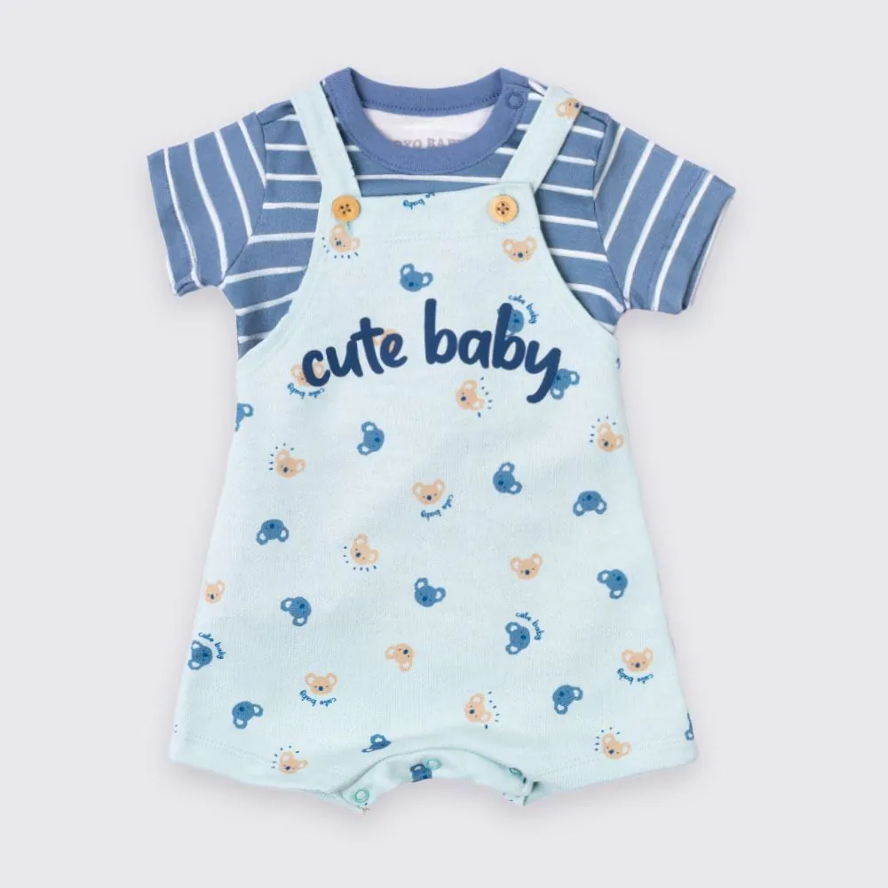Conjunto Bebê Menino Jardineira Coala e Blusa Listrada Yoyo Baby Azul Turquesa