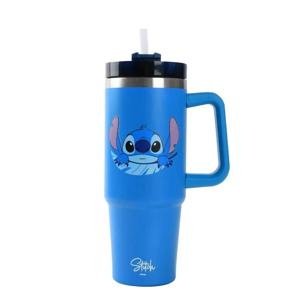 Copo Térmico com Alça e Canudo Stitch Disney 900 Ml - Azul