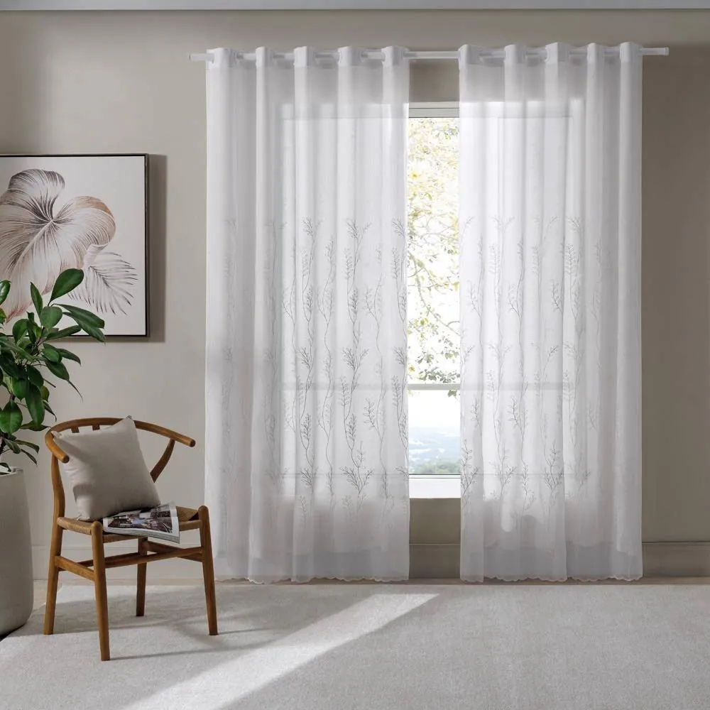 Cortina para Quarto e Sala 3,00X2,30M Duplex Firenze Bordada - Branco Folhas