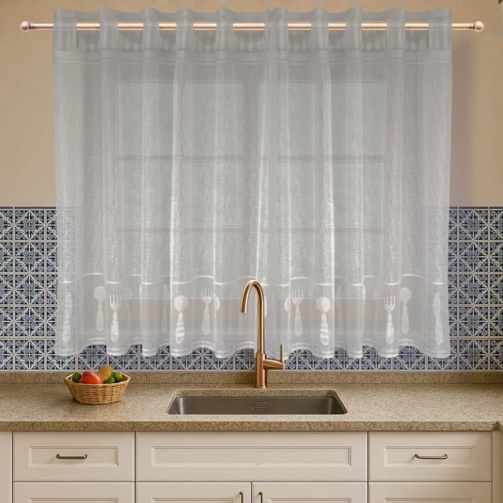 Cortina para Cozinha de Renda 2,00X1,50 m - Branca Talheres