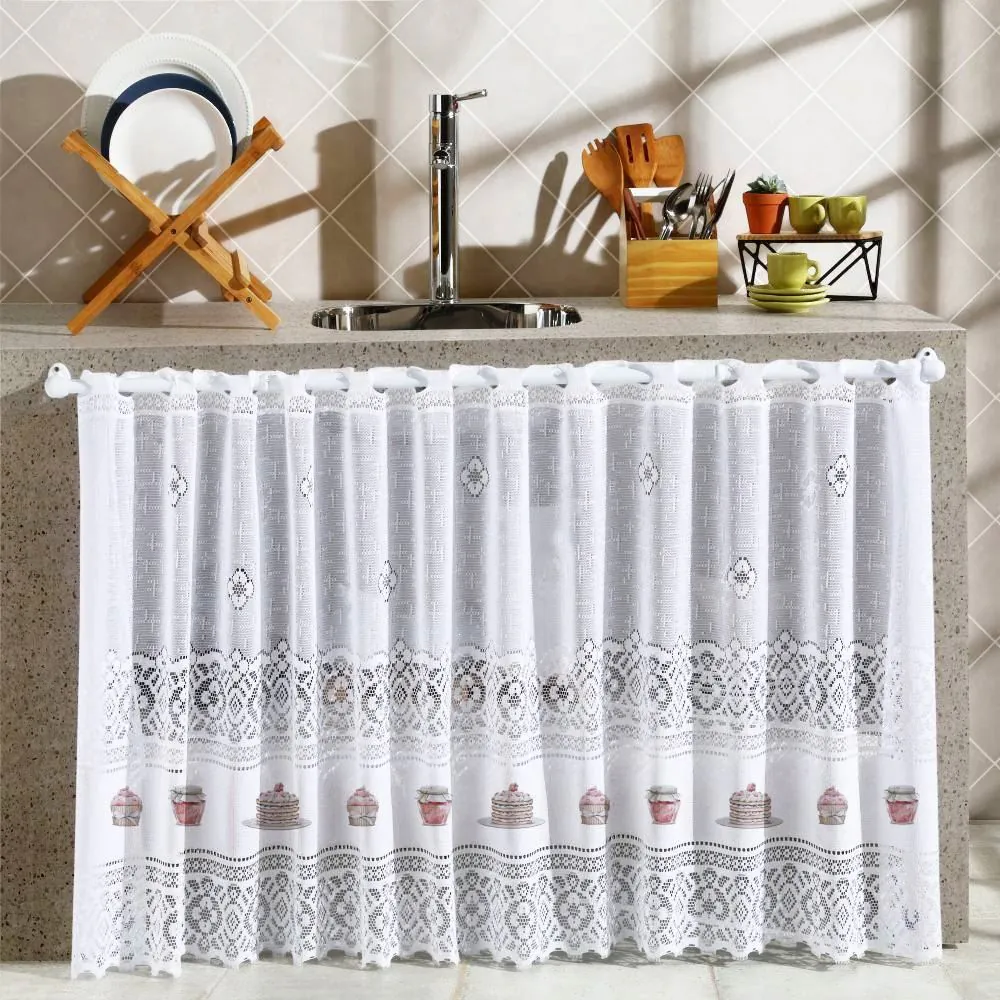 Cortina para Cozinha 2,00Mx80 cm Valência em Renda - Doce Rosa