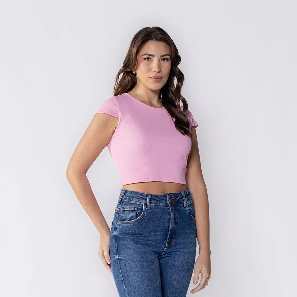 Cropped Feminino Canelado em Poliamida Boby Blues Rosa Suave