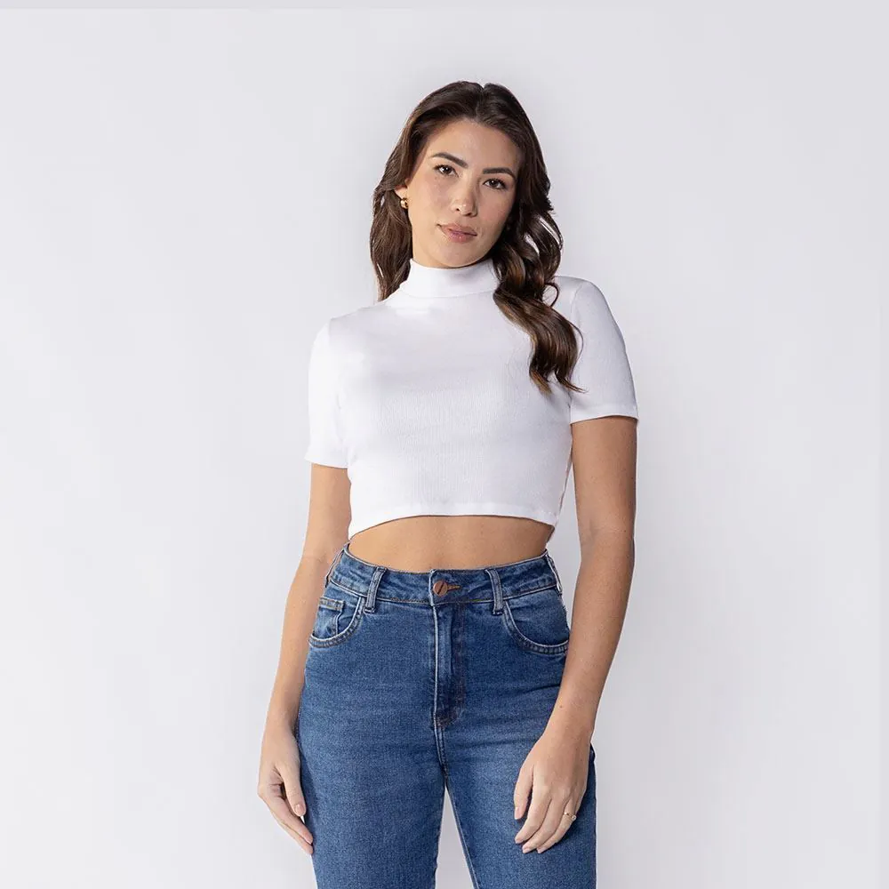 Cropped Feminino com Gola Alta Boby Blues Off White