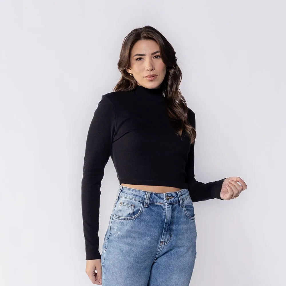 Cropped Feminino com Gola Alta de Ribana Boby Blues Preto