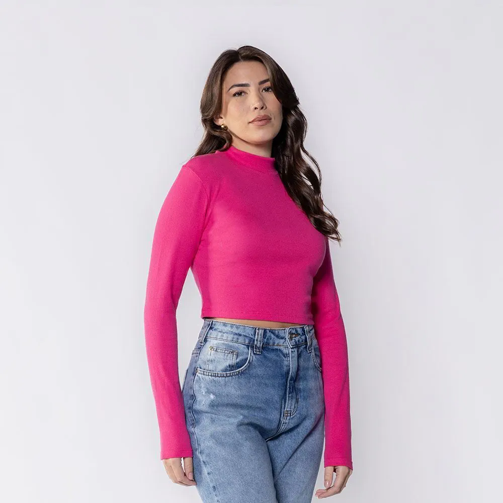 Cropped Feminino com Gola Alta de Ribana Boby Blues Rosa Pink 17-2034