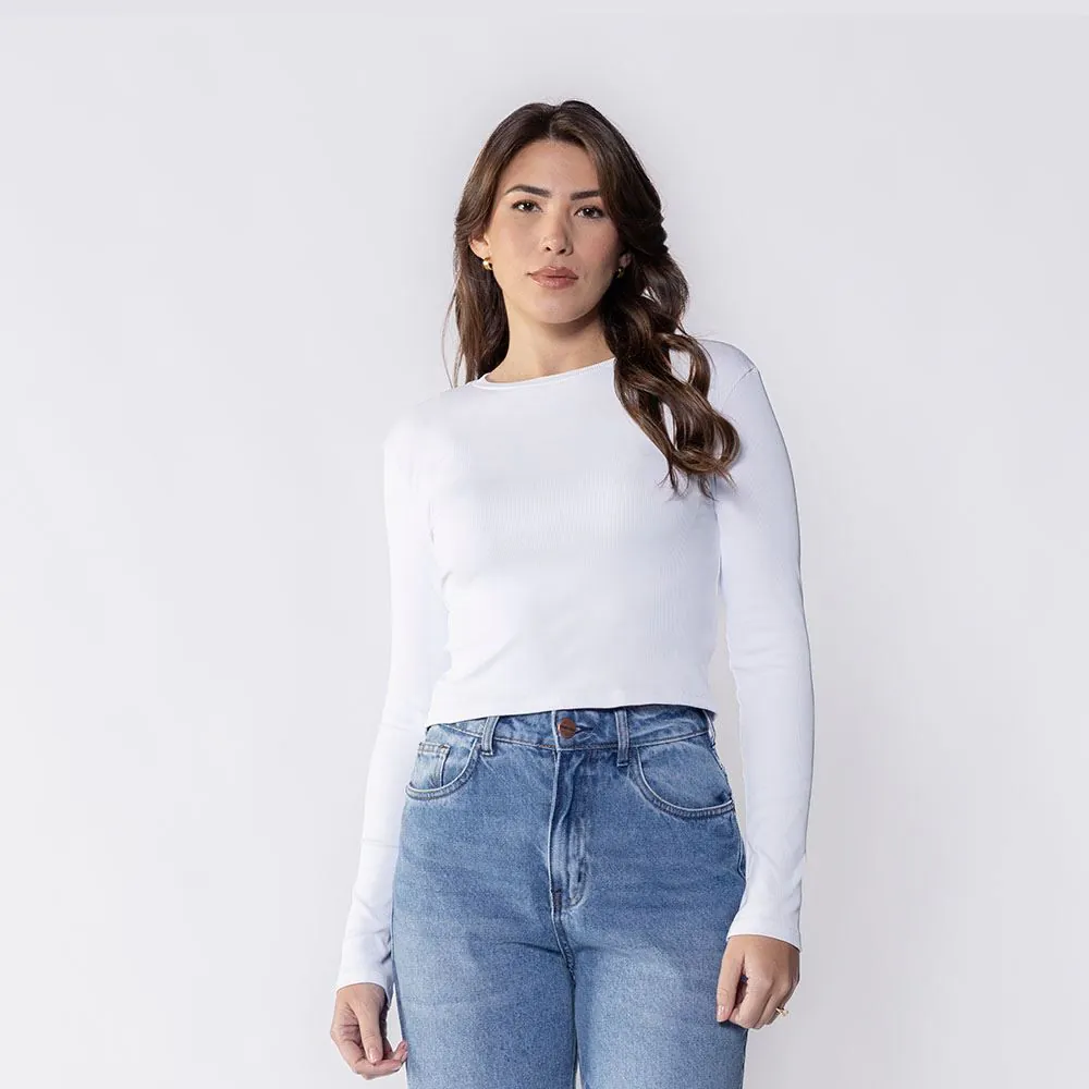 Cropped Feminino de Manga Longa Canelado Boby Blues Branco