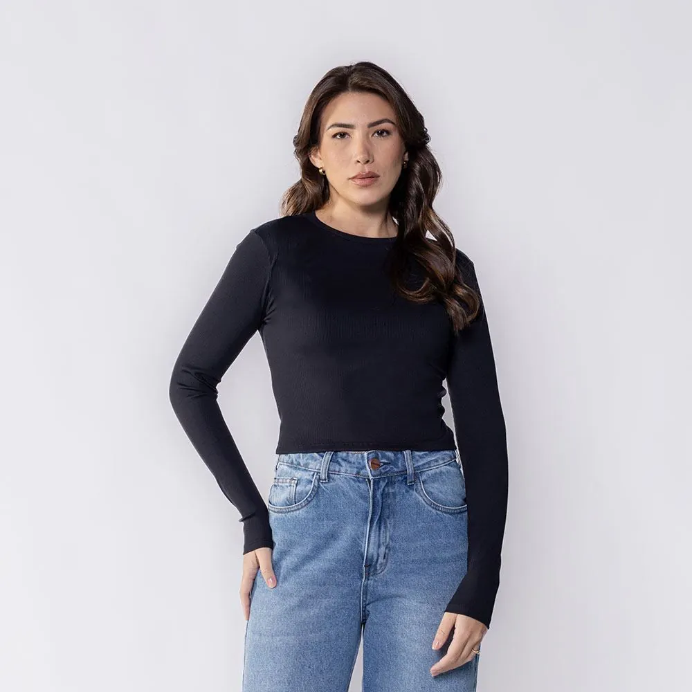 Cropped Feminino de Manga Longa Canelado Boby Blues Preto
