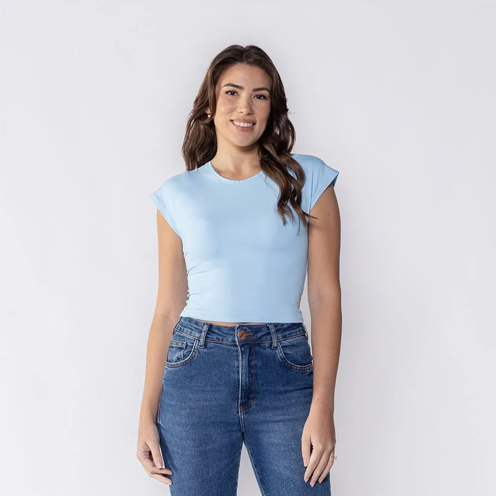 Cropped Feminino em Poliamida com Manga Japonesa Boby Blues Azul Soft