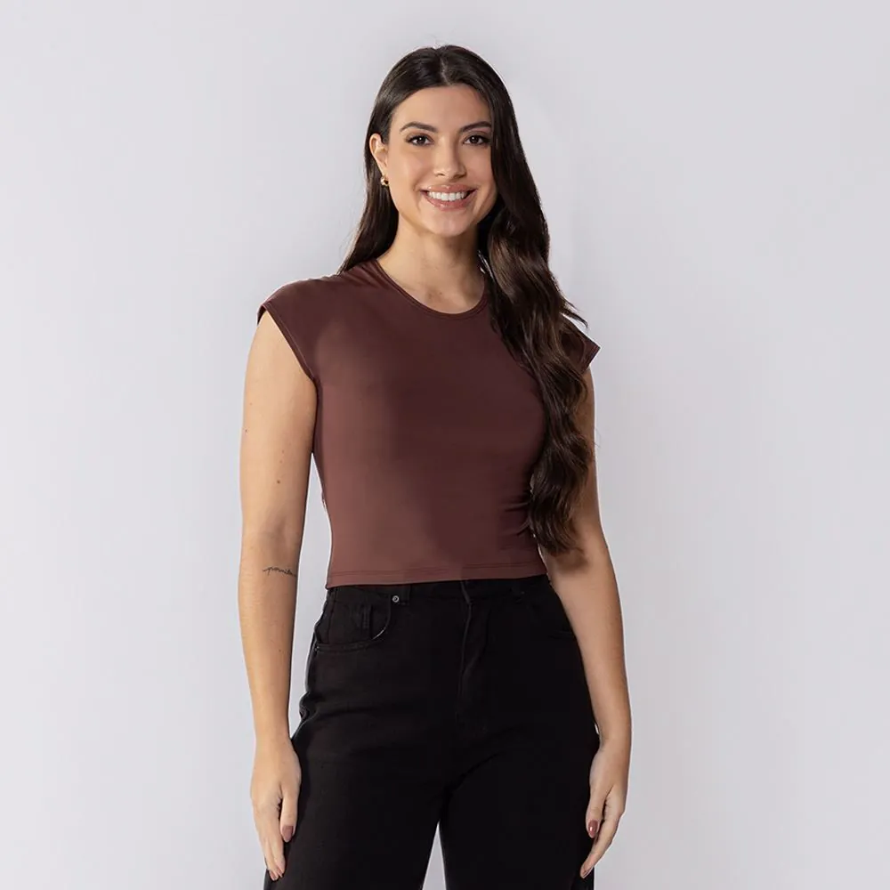 Cropped Feminino em Poliamida com Manga Japonesa Boby Blues Marrom