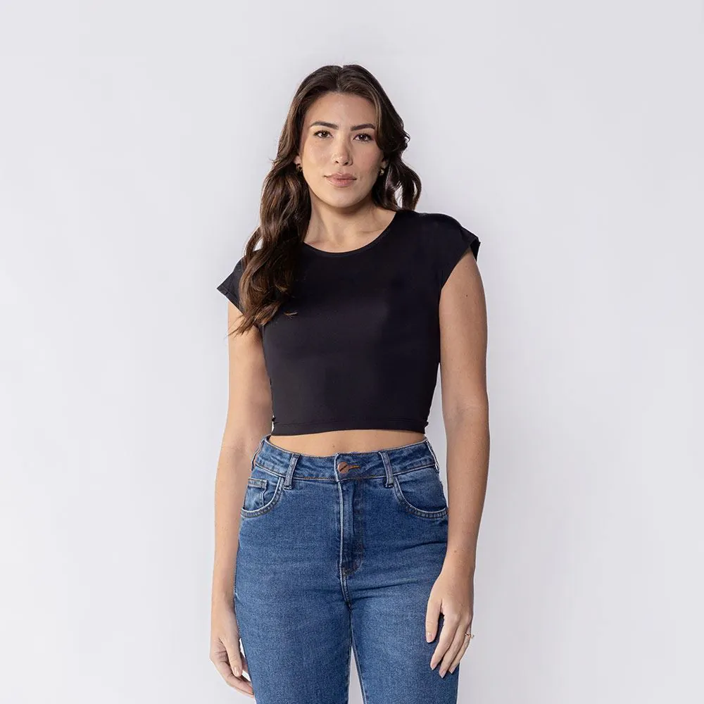 Cropped Feminino em Poliamida com Manga Japonesa Boby Blues Preto