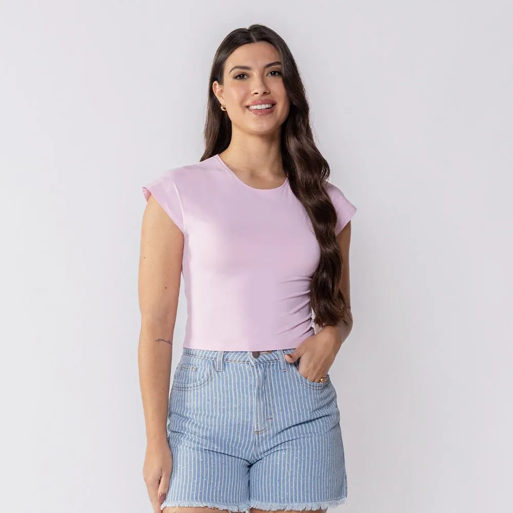 Cropped Feminino em Poliamida com Manga Japonesa Boby Blues Rosa Sweet