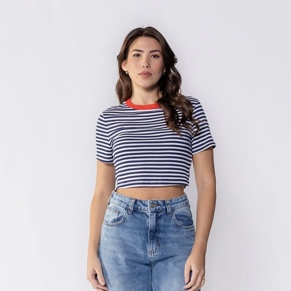 Cropped Feminino Listrado em Ribana Boby Blues Marinho/Branco/Vermelho