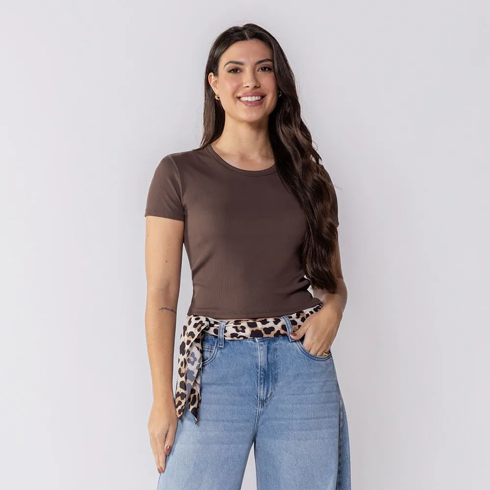 Cropped Feminino Manga Curta Boby Blues Marrom