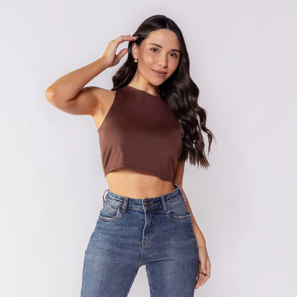 Cropped Regata Feminino em Poliamida Boby Blues Marrom