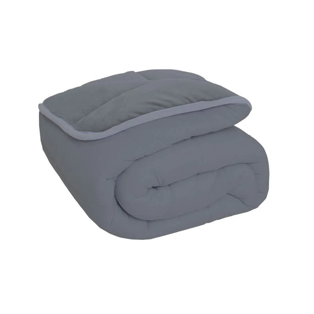 Edredom Queen Plush e Malha Liso Dupla Face - Cinza