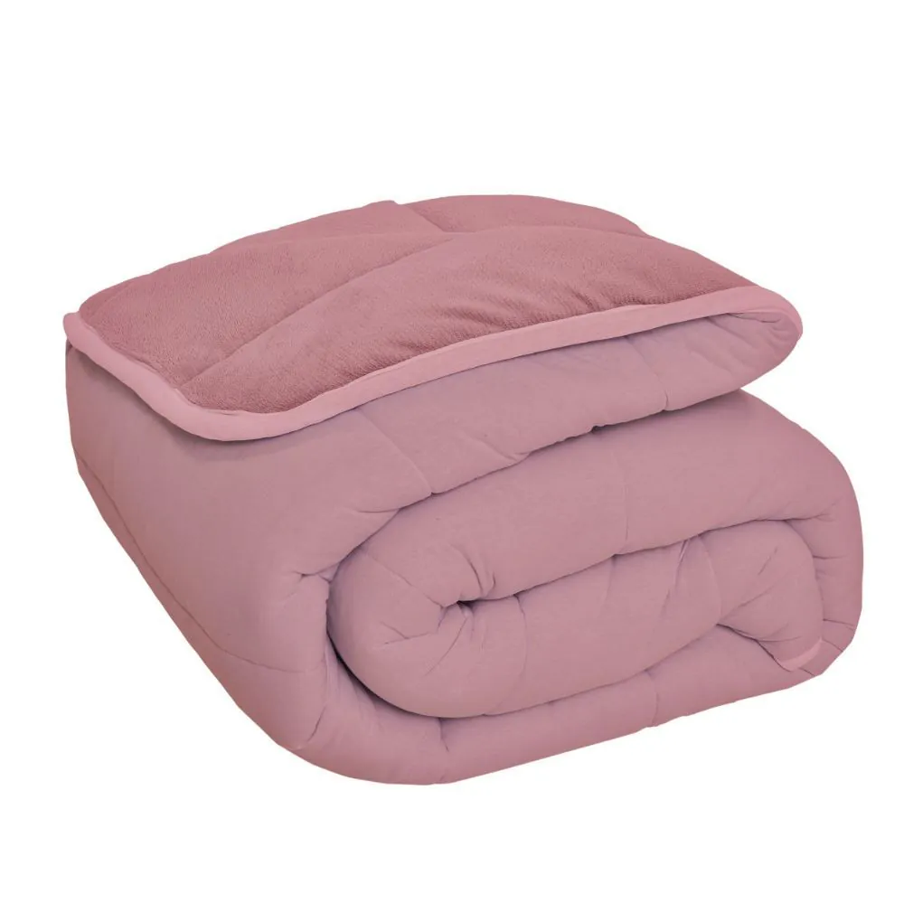 Edredom Queen Plush e Malha Liso Dupla Face - Rose