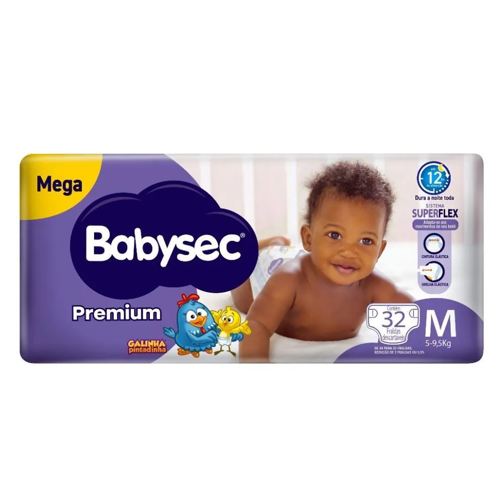 Fralda Babysec Premium Galinha Pintadinha Mega m - 32 Unidades