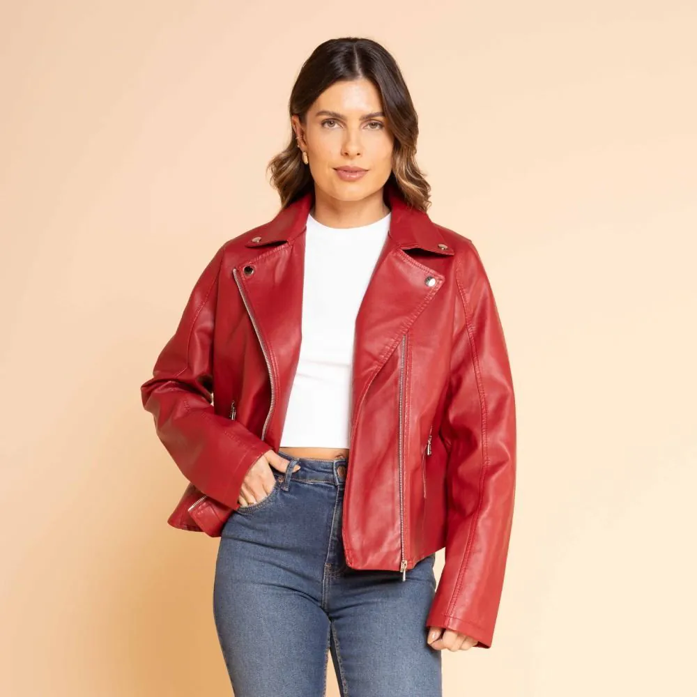 Jaqueta Biker Feminina em PU Patricia Foster Vermelho