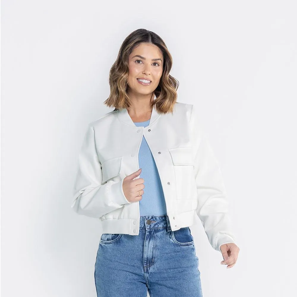 Jaqueta Feminina Bomber em PU Boby Blues Branco