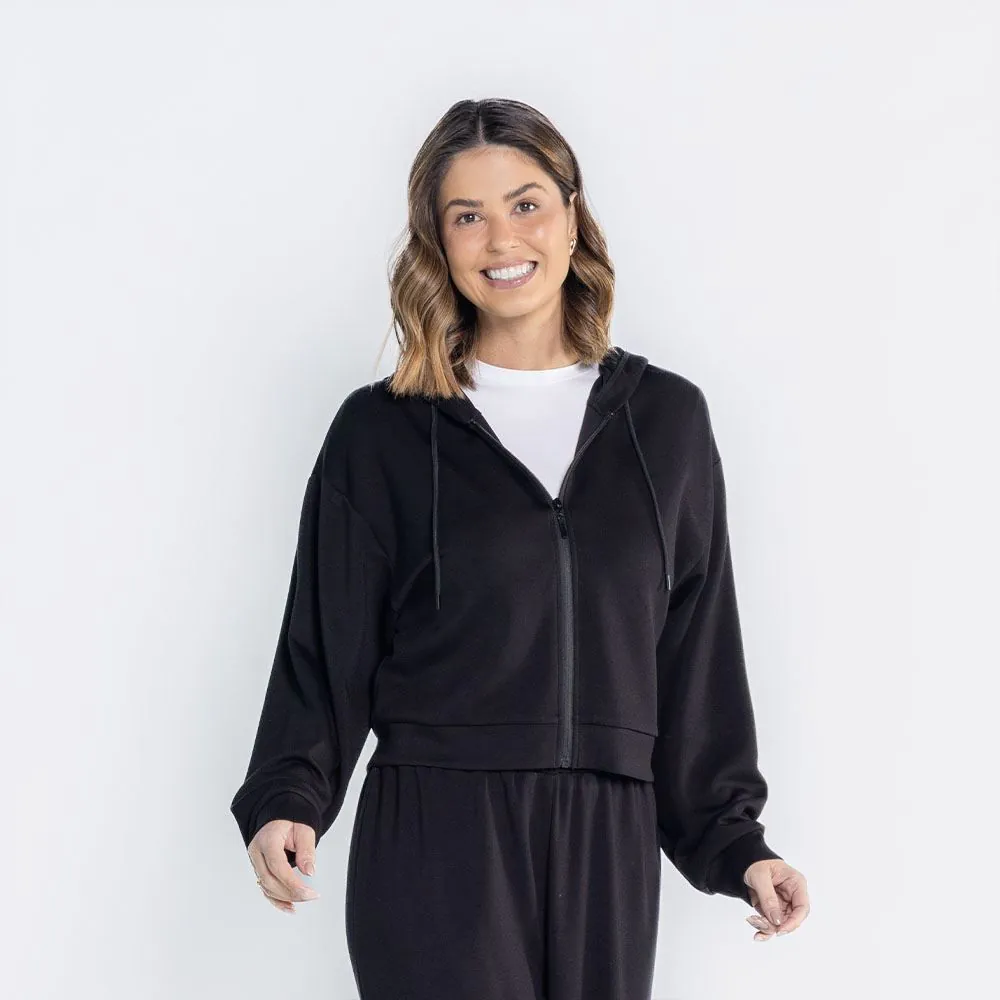 Jaqueta Feminina com Capuz de Malha Viscose Boby Blues Preto