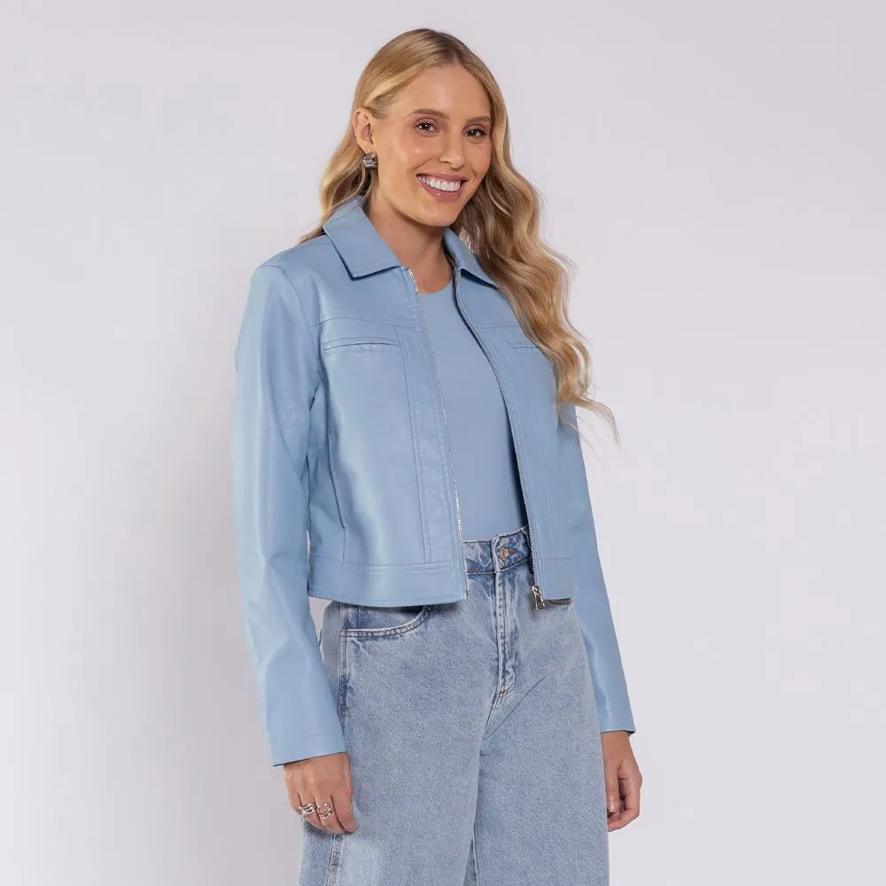 Jaqueta Feminina Curta em PU Patricia Foster Azul Glacial