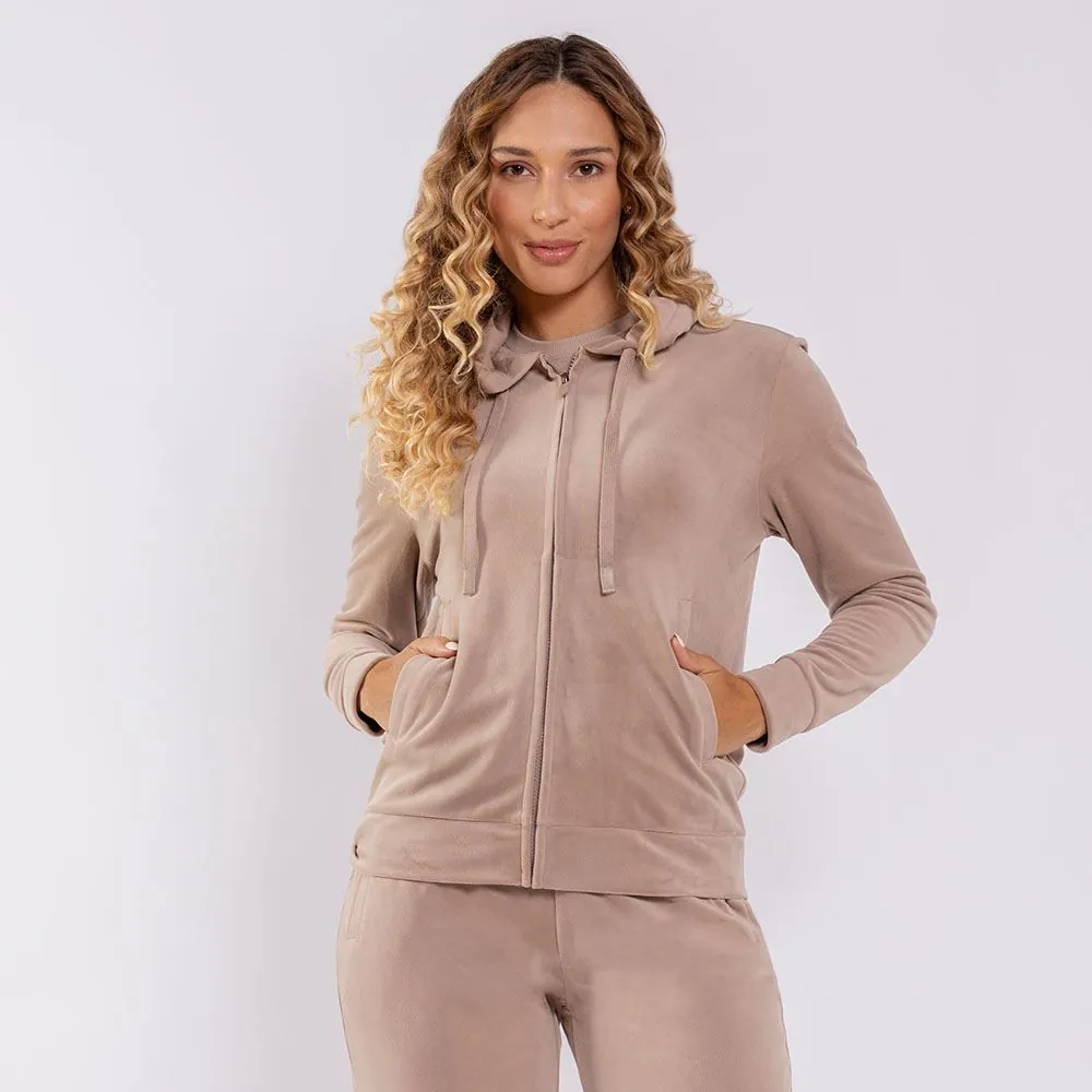 Jaqueta Feminina Esportiva em Plush com Capuz Scream Bege Fendi