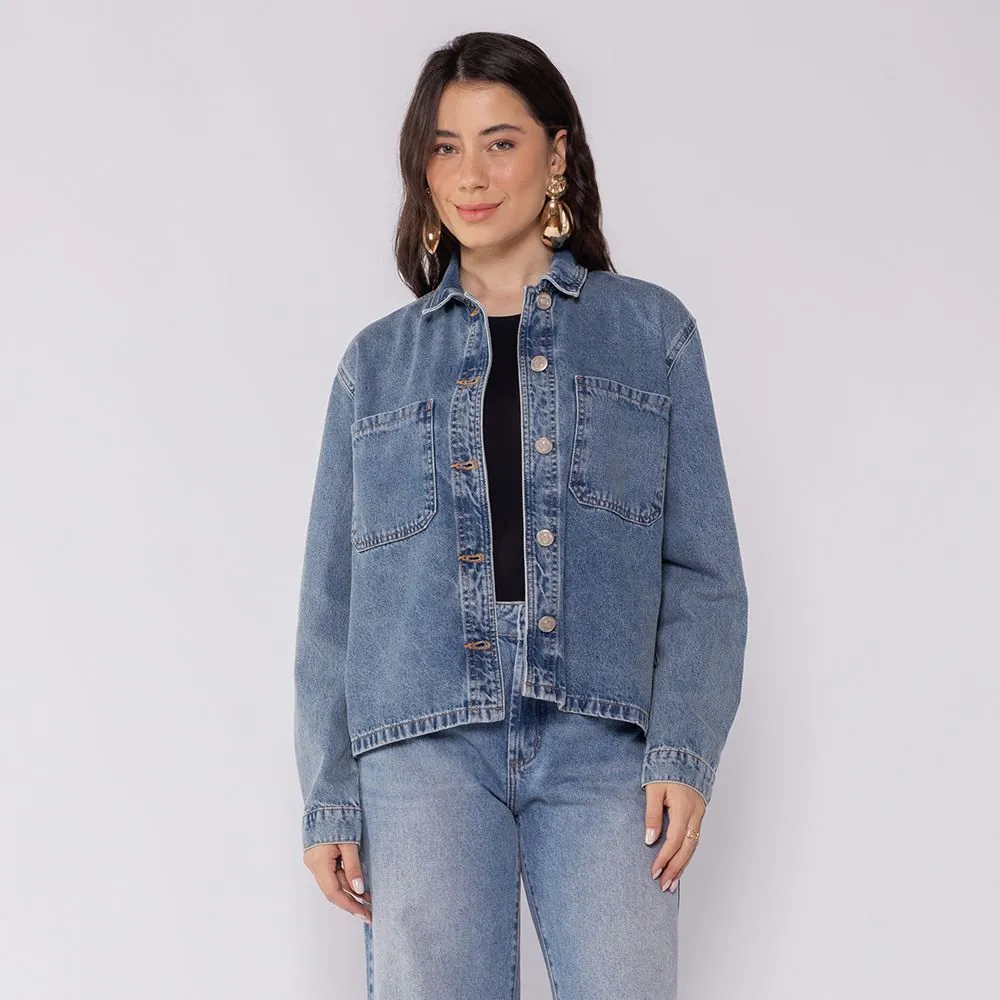 Jaqueta Jeans Feminina Boby Blues Azul Medio