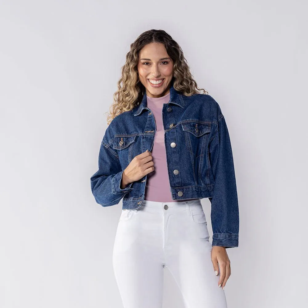 Jaqueta Jeans Feminina Cropped Boby Blues Azul Medio