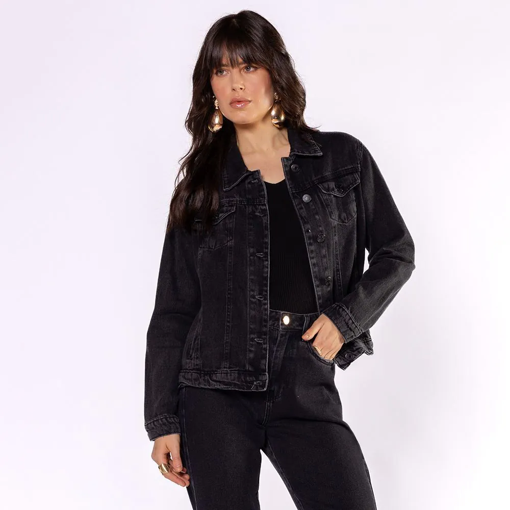 Jaqueta Jeans Feminina Sawary Preto Estonado