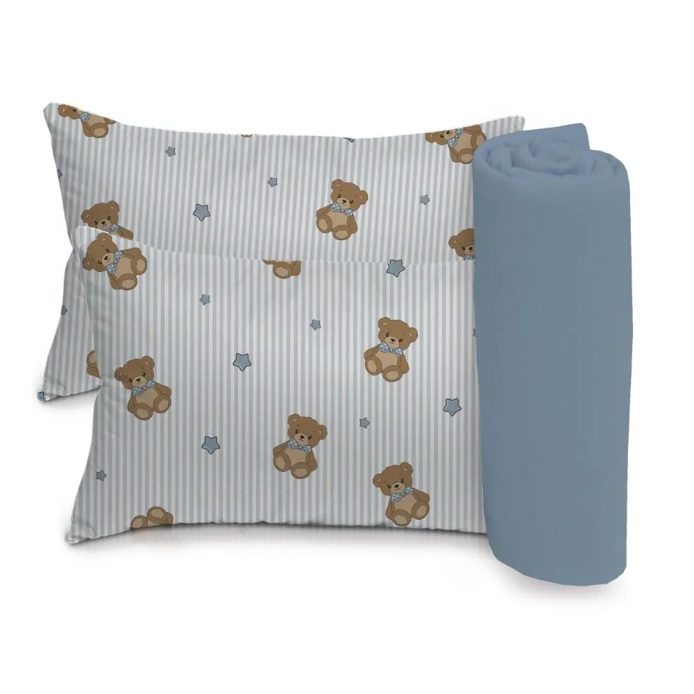 Jogo de Cama Bebê 100% Algodão Baby 3 Peças - Urso Azul