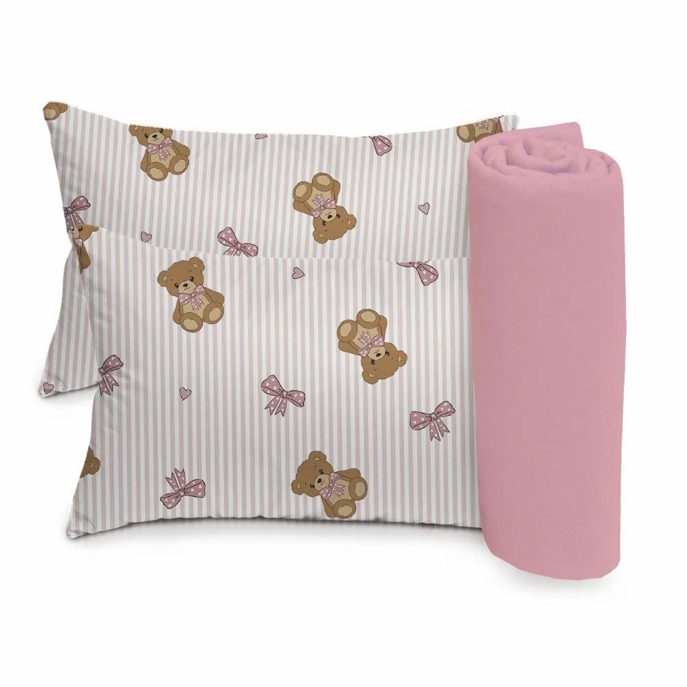 Jogo de Cama Bebê 100% Algodão Baby 3 Peças - Urso Rosa